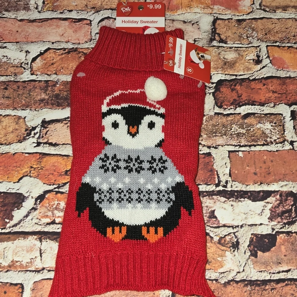 Pet Central  Holiday Dog Sweater - Red Penguin Design Size Small